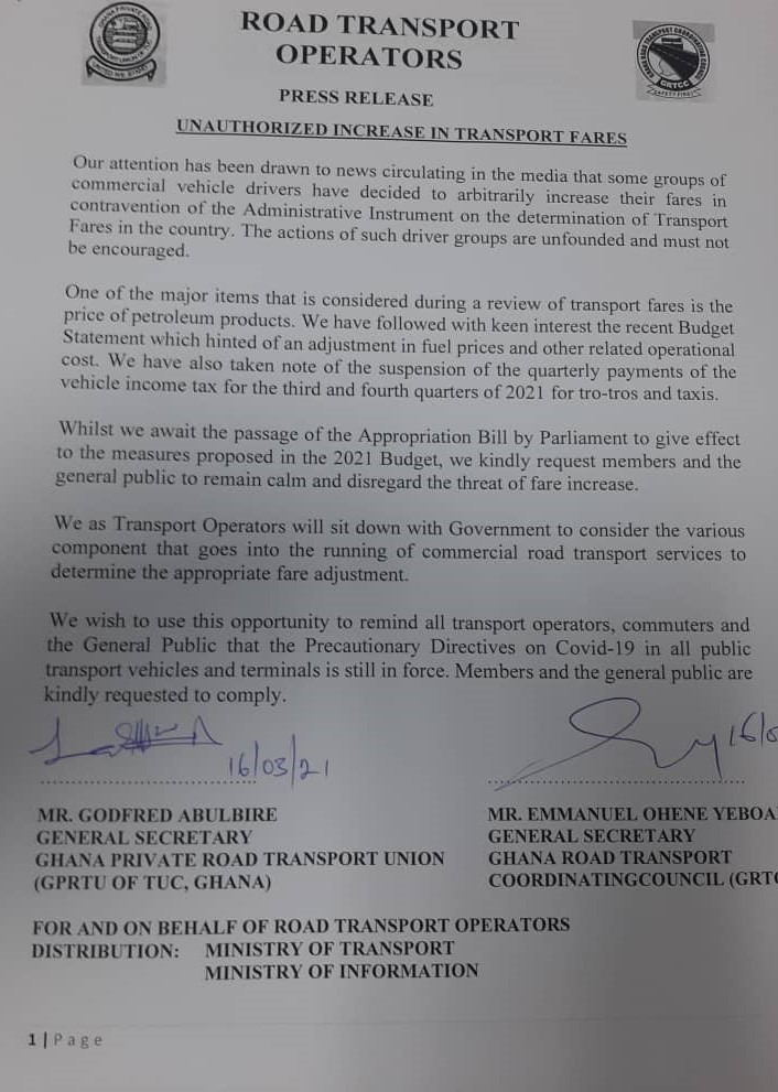 Press release: unauthorized increase in transport fares