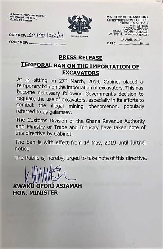 Temporal ban on the importation of excavators